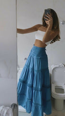 Blue Tiered Midi Skirt