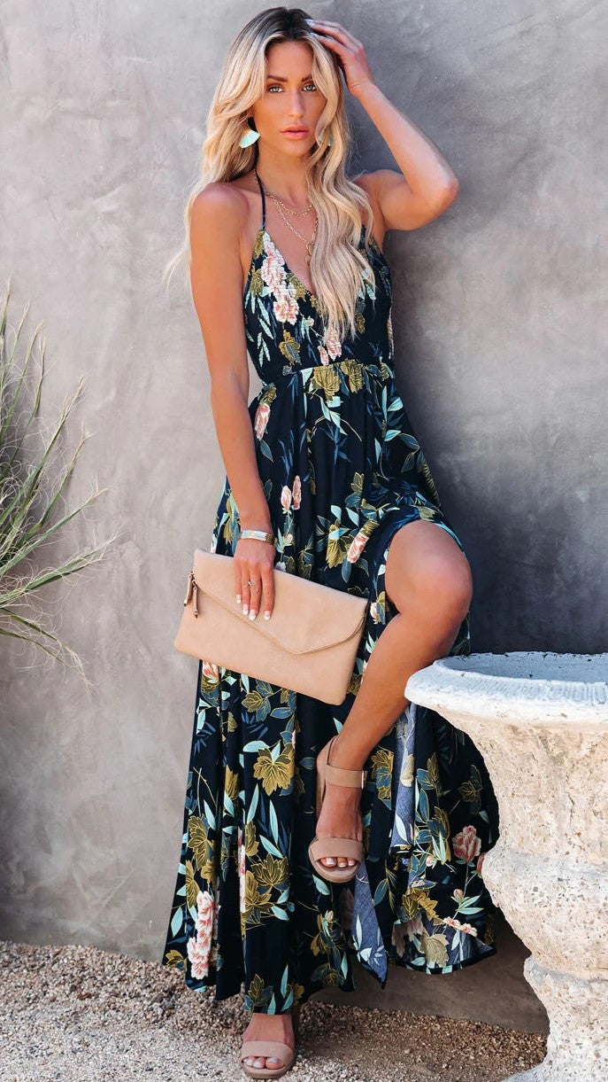 Green Floral Sleeveless Midi Dress