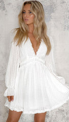 White Textured Long Sleeves Mini Dress