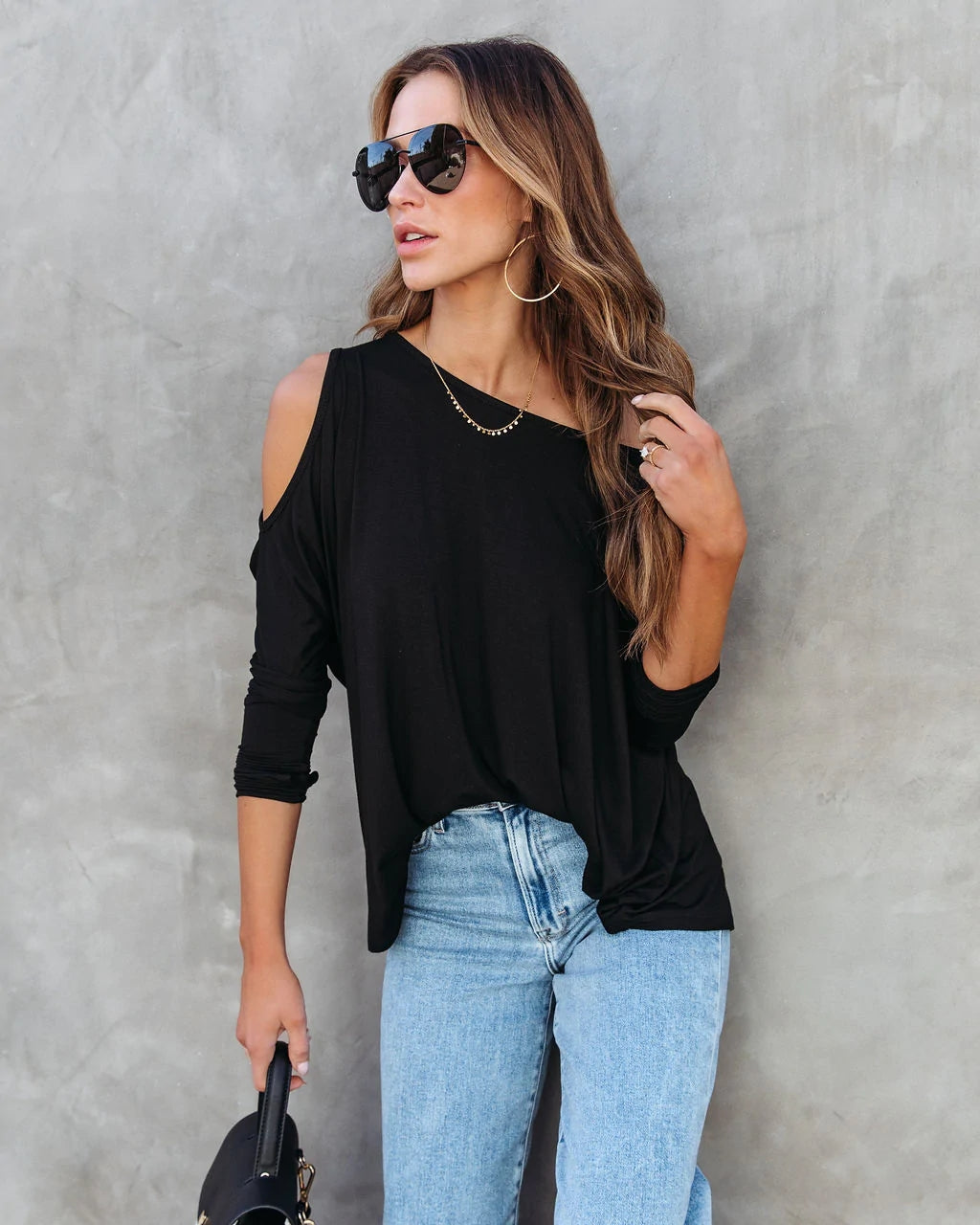 Black Cutout Shoulder Top