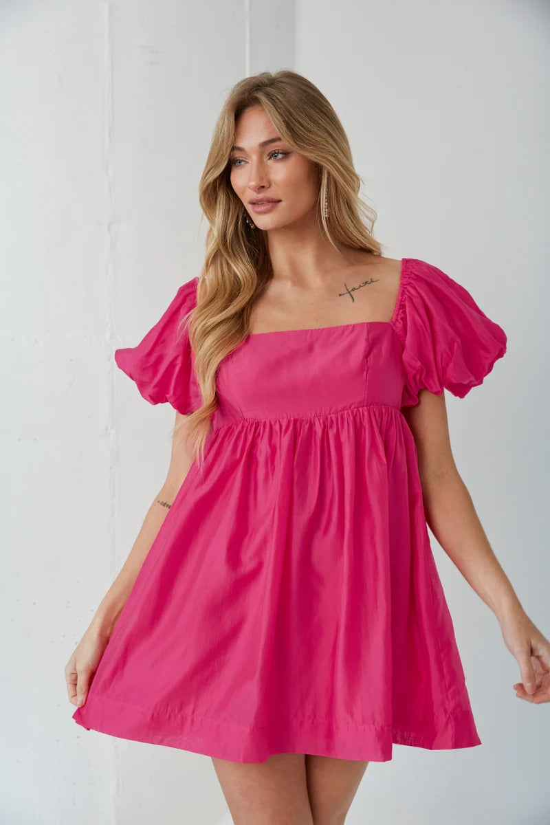 Hot Pink Square Neckline Solid Mini Dress