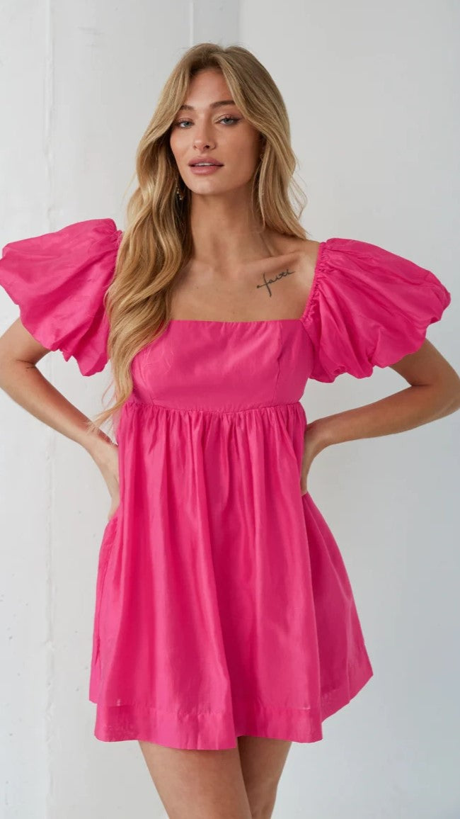 Hot Pink Square Neckline Solid Mini Dress