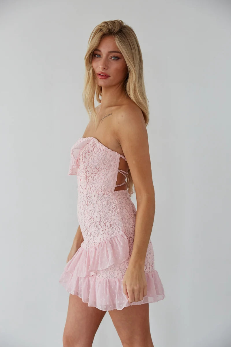Pink Crochet Lace Strapless Mini Dress Groovy Mimi Pink Crochet Lace Strapless Mini Dress Groovy Mimi
