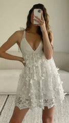 White Butterfly V Neck Mini Dress