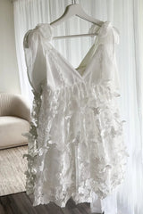 White Butterfly V Neck Mini Dress