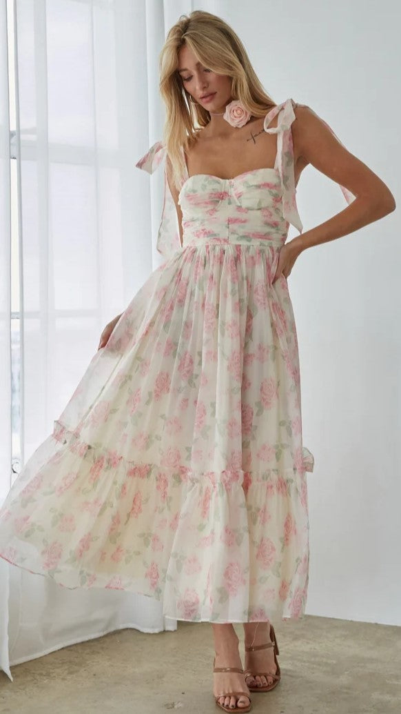 Pink Floral Shoulder Tie Midi Dress