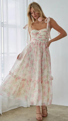 Pink Floral Shoulder Tie Midi Dress