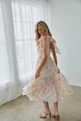 Pink Floral Shoulder Tie Midi Dress