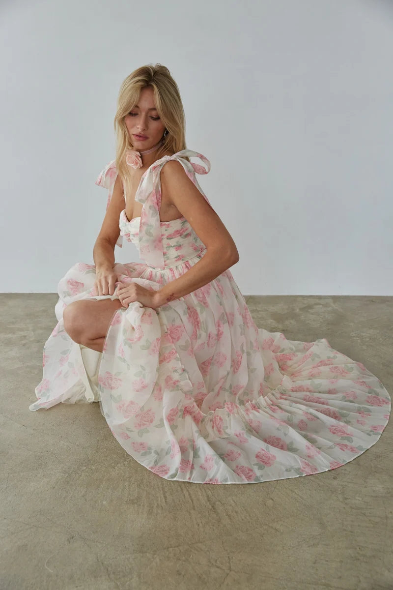 pink floral shoulder tie midi dress Pink Floral-Print Midi Party Dress with Shoulder Ties Pink Floral / XSmall