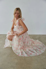 Pink Floral Shoulder Tie Midi Dress