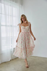 Pink Floral Shoulder Tie Midi Dress