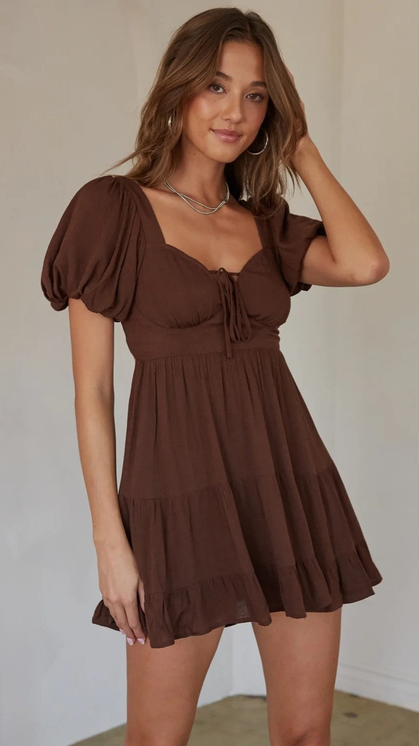 Chocolate Solid Babydoll Mini Dress