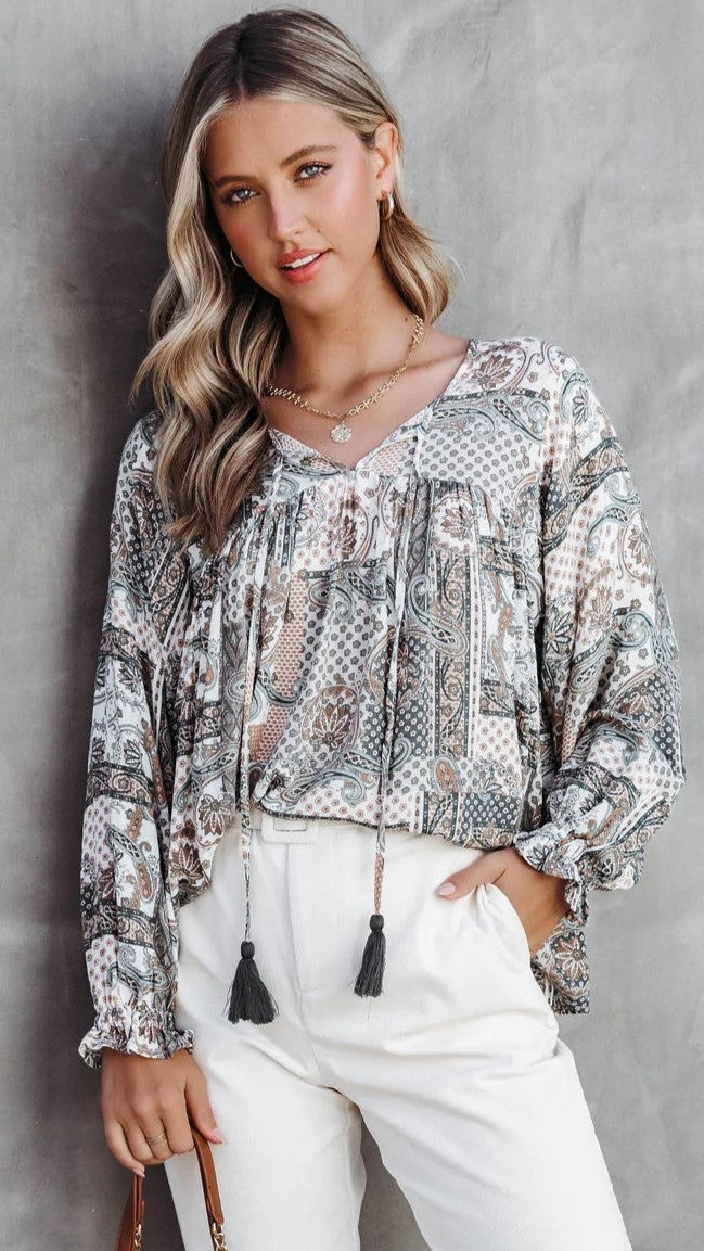 Grey Abstract Print Blouse