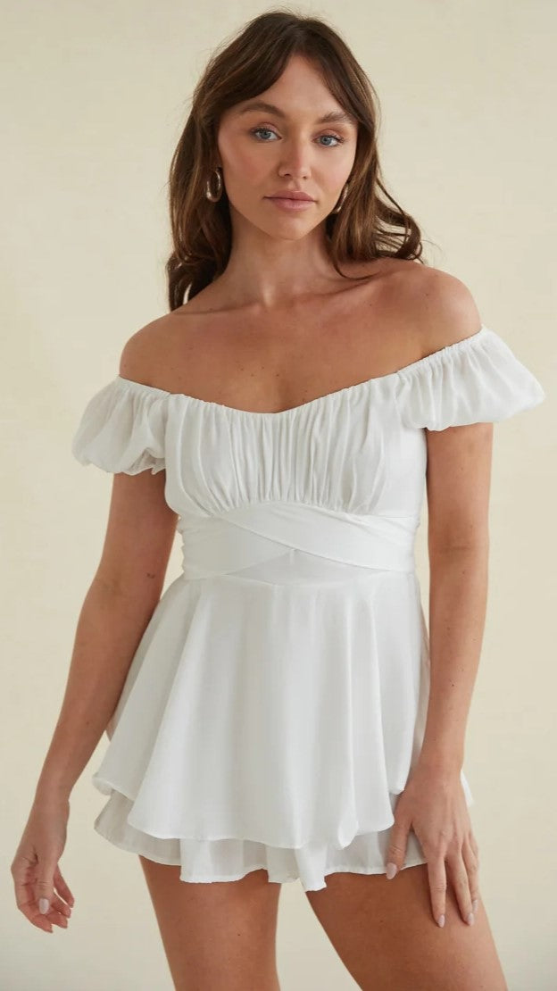 White Pleated Waist-Tie Rompers