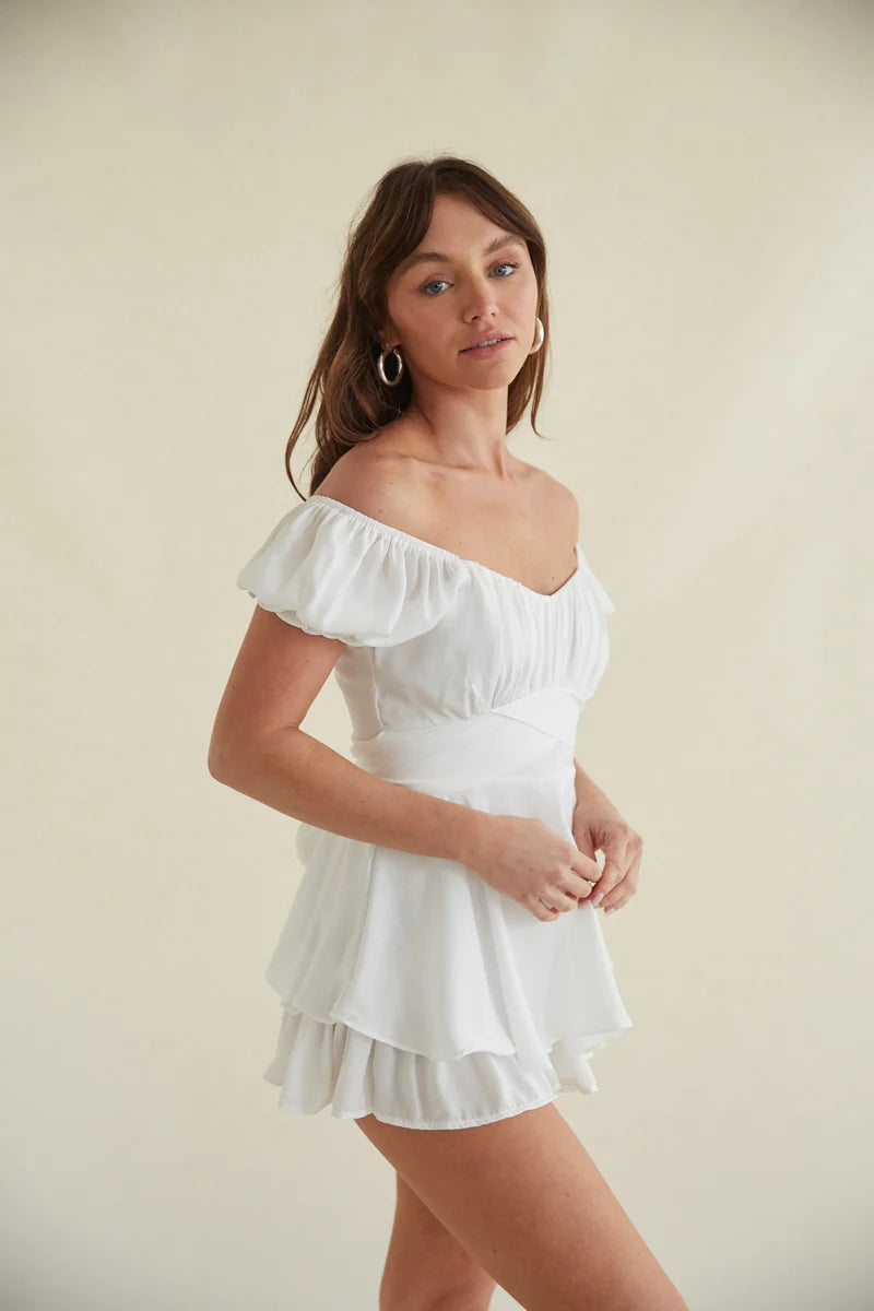 White Pleated Waist-Tie Rompers