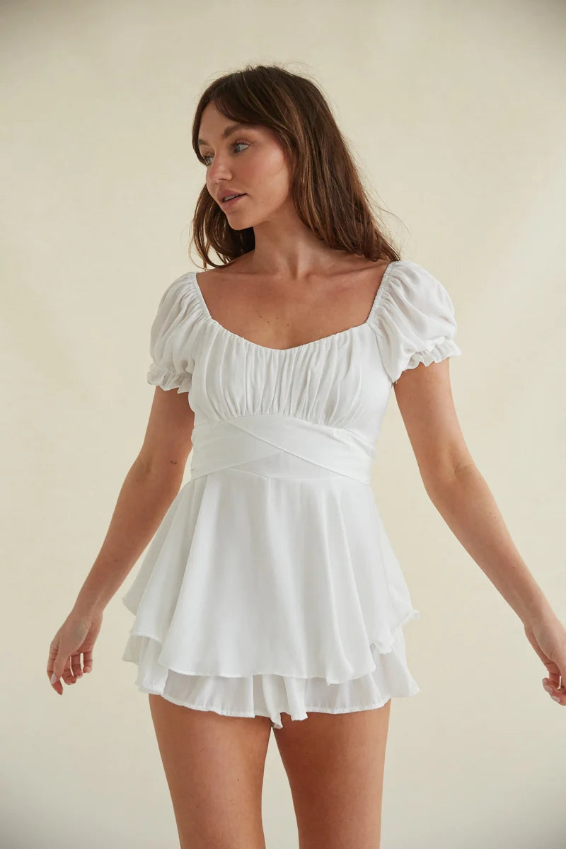 White Pleated Waist-Tie Rompers