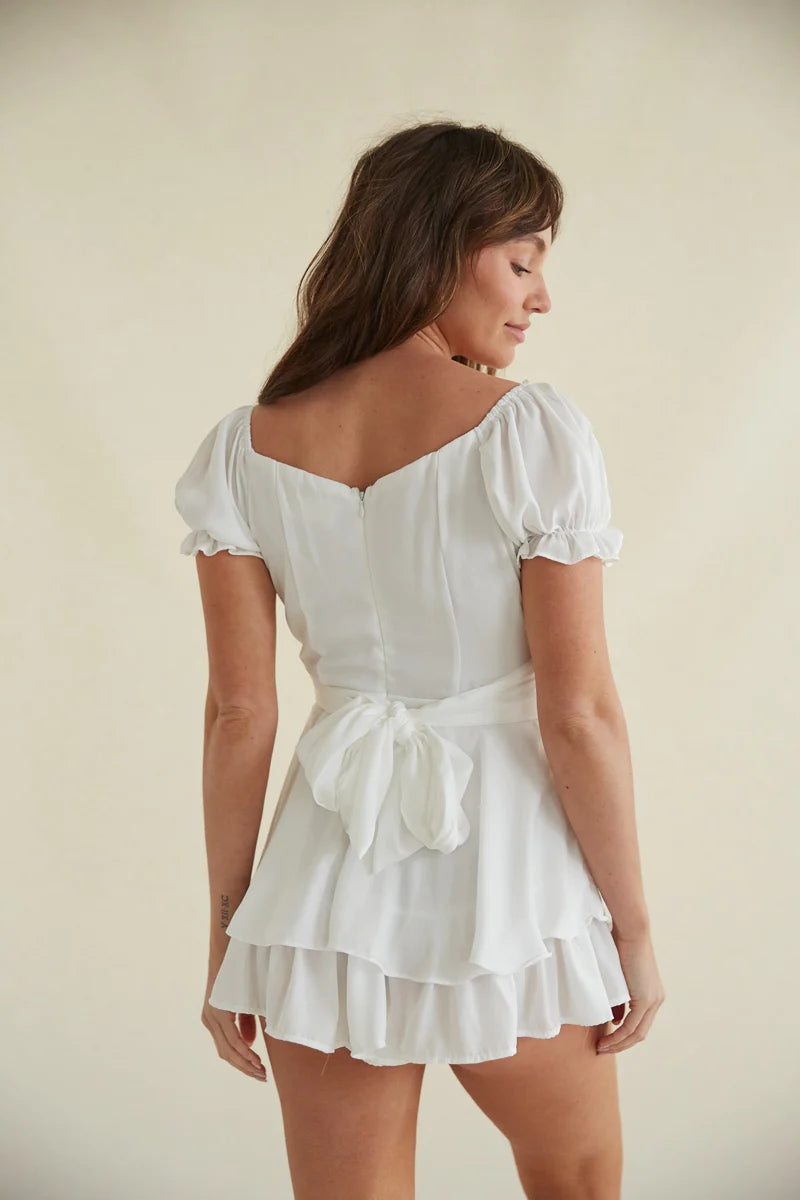 White Pleated Waist-Tie Rompers