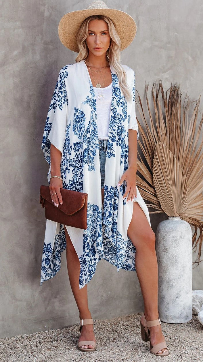Blue Porcelain Floral Beach Coverup Kimono