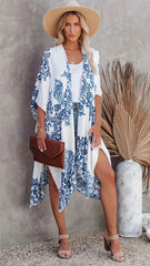 Blue Porcelain Floral Beach Coverup Kimono