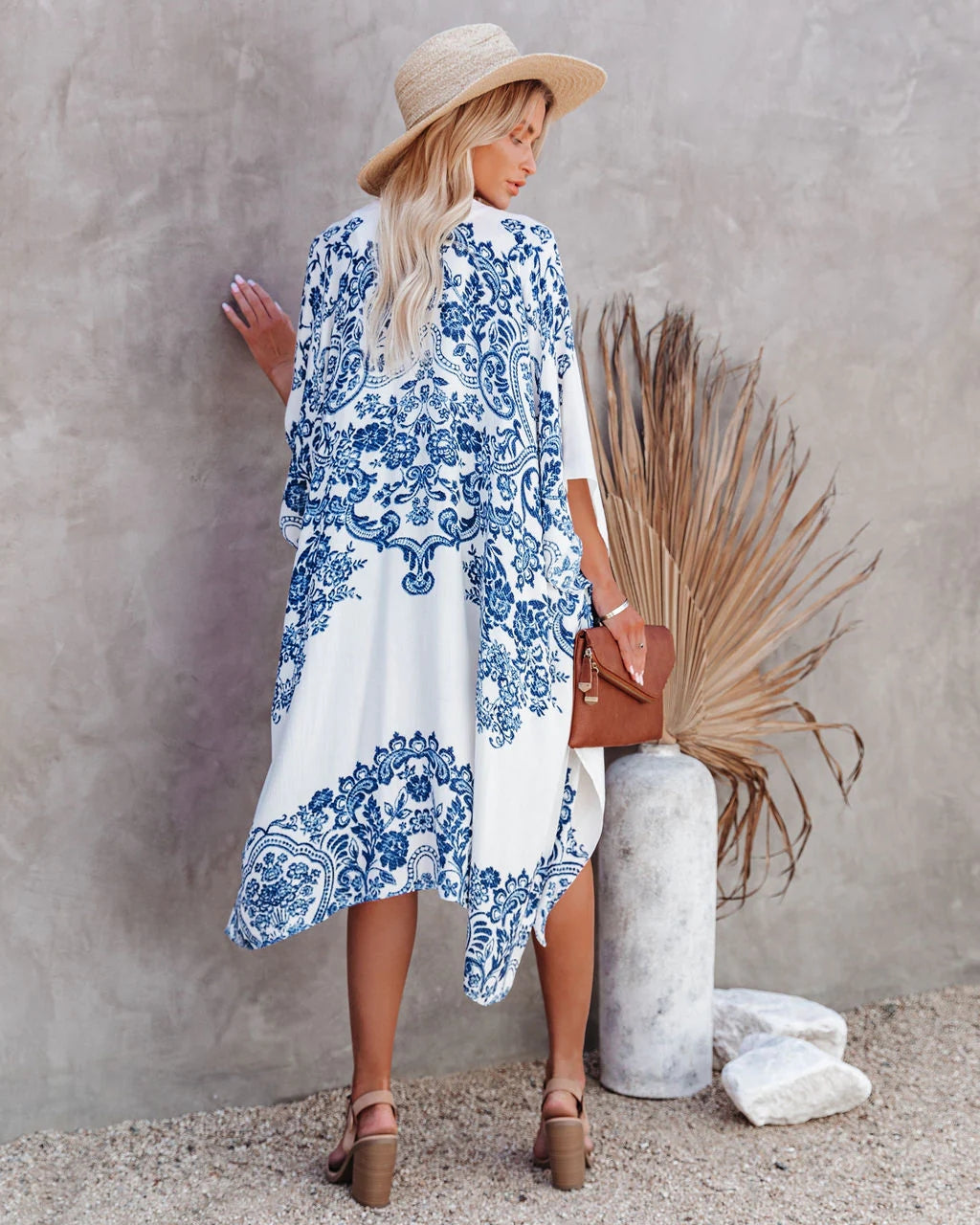 Blue Porcelain Floral Beach Coverup Kimono