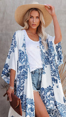 Blue Porcelain Floral Beach Coverup Kimono
