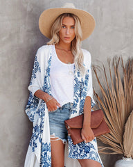 Blue Porcelain Floral Beach Coverup Kimono