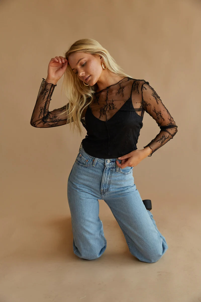 Black Long Sleeves Mesh Top