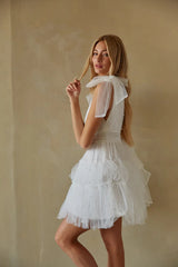 White Tulle Shoulder Tie Mini Dress