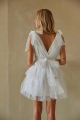 White Tulle Shoulder Tie Mini Dress