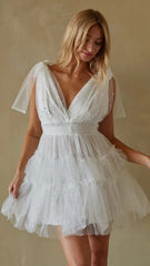 White Tulle Shoulder Tie Mini Dress
