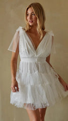White Tulle Shoulder Tie Mini Dress