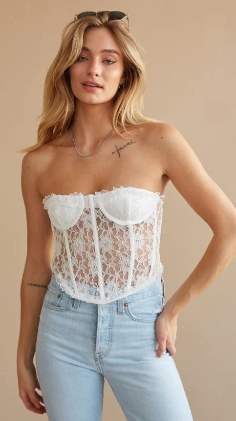 White Lace Corset Crop Bandeau Top