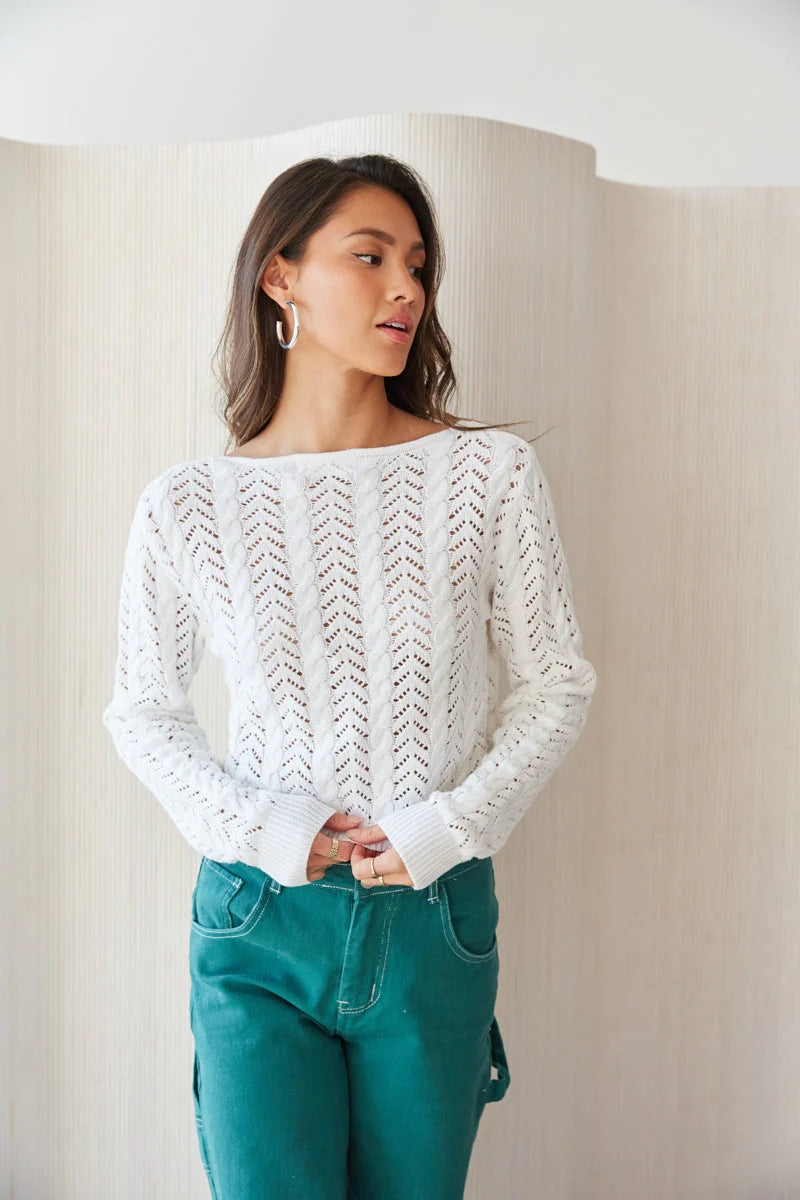 White Crochet Knit Twisted Crop Top