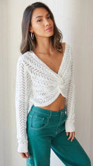 White Crochet Knit Twisted Crop Top