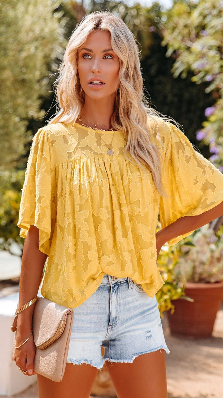 Yellow Textured Short Sleeves Top