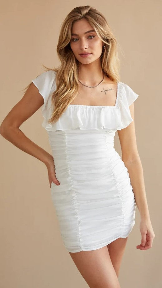 White Off Shoulder Ruched Mini Dress