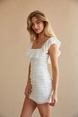 White Off Shoulder Ruched Mini Dress