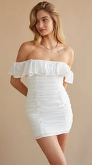 White Off Shoulder Ruched Mini Dress