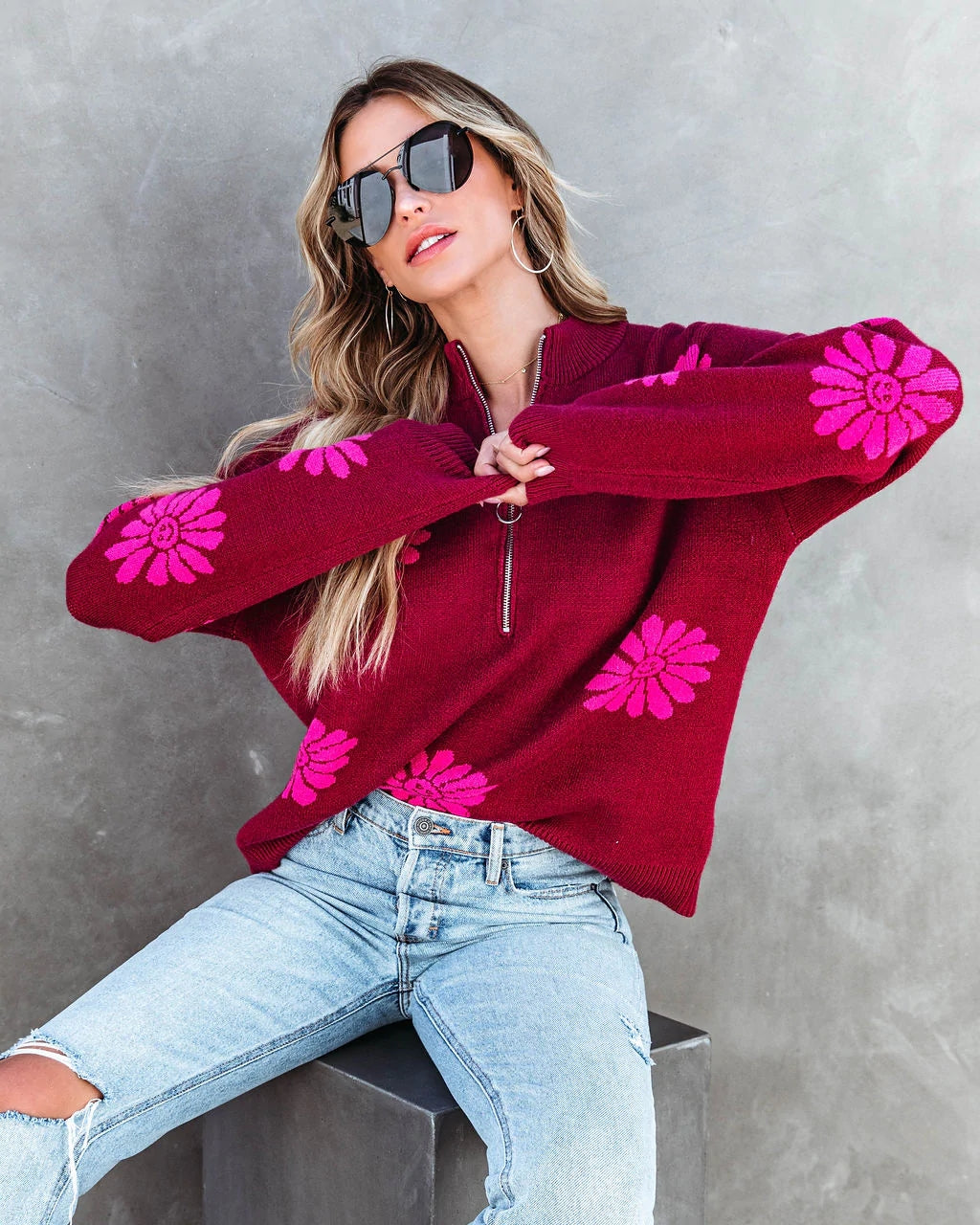 Daizy Floral Zipper Knit Sweater