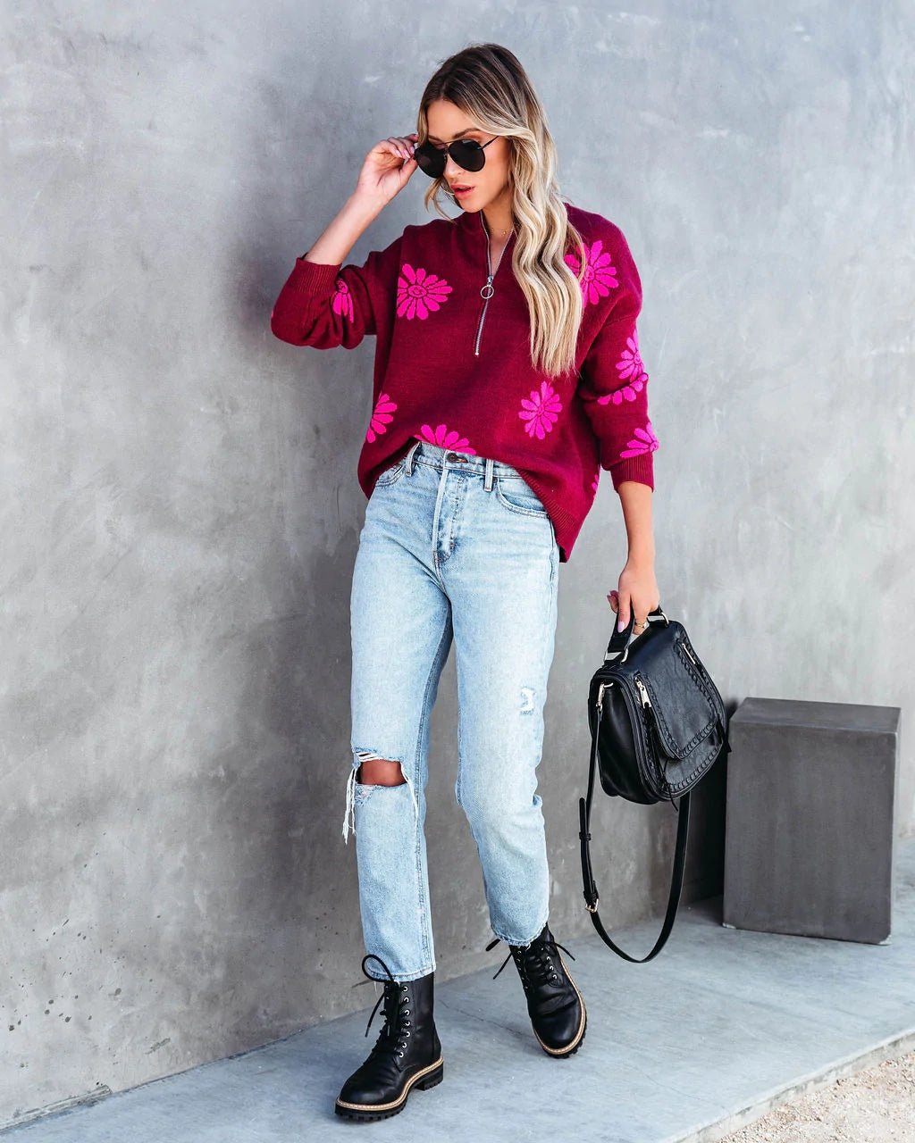 Daizy Floral Zipper Knit Sweater