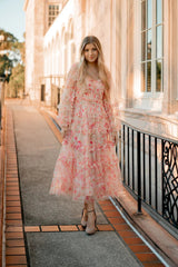 Pink Floral Long Sleeves Midi Dress