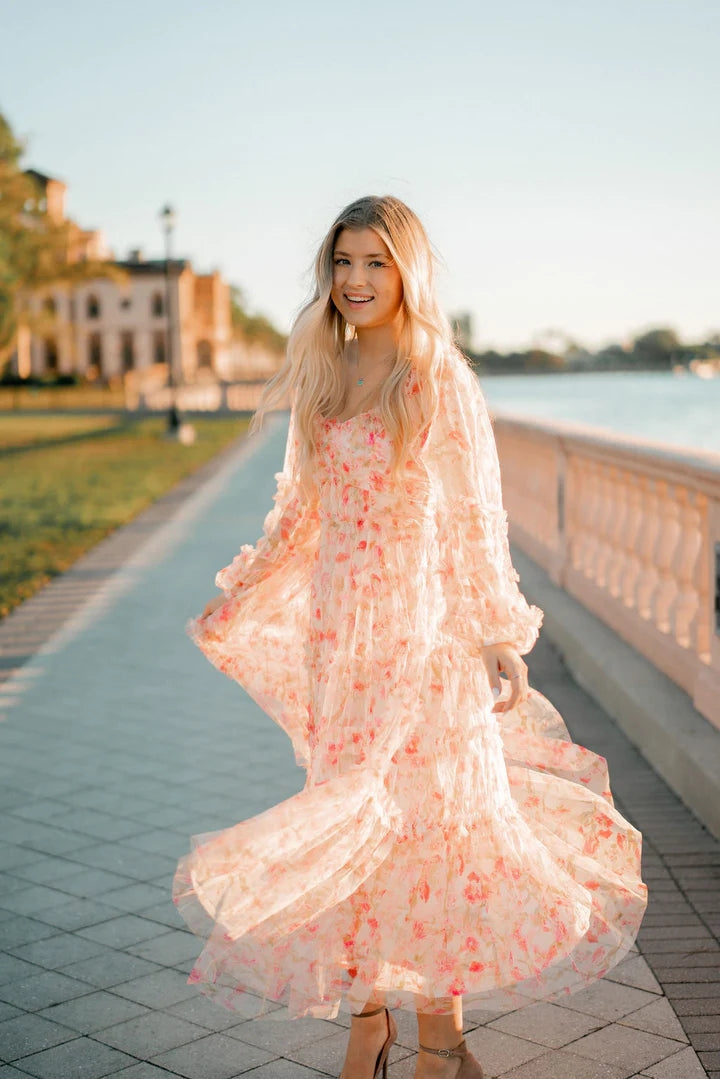 long sleeve pink floral midi dress Vila long sleeve tiered chiffon midi dress in pink floral