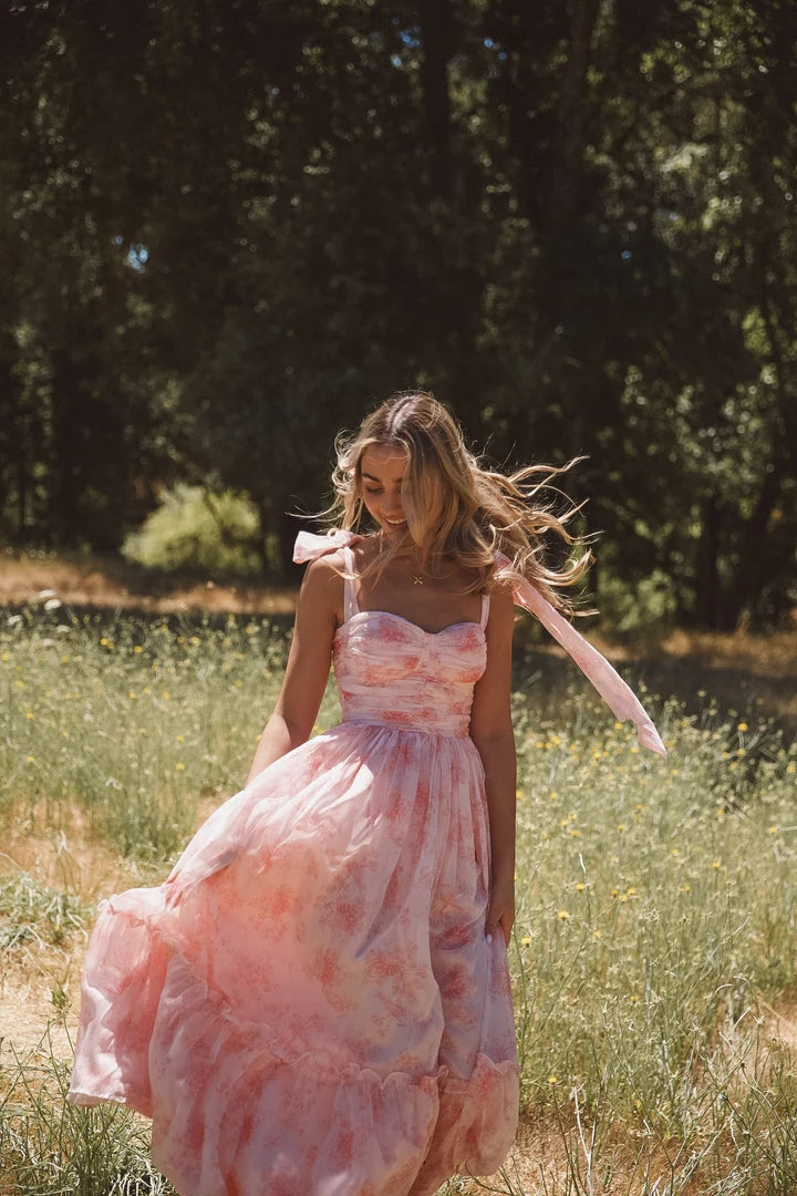 Pink Floral Shouder Tie Midi Dress