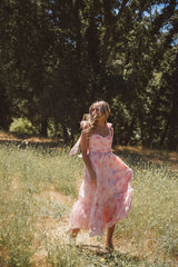 Pink Floral Shouder Tie Midi Dress