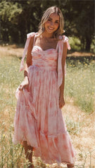 Pink Floral Shouder Tie Midi Dress