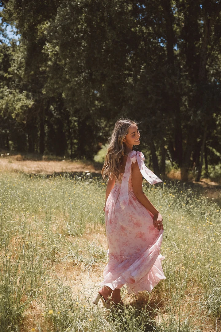 Pink Floral Shouder Tie Midi Dress