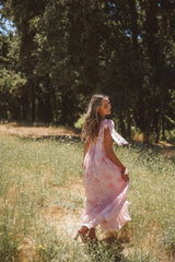 Pink Floral Shouder Tie Midi Dress
