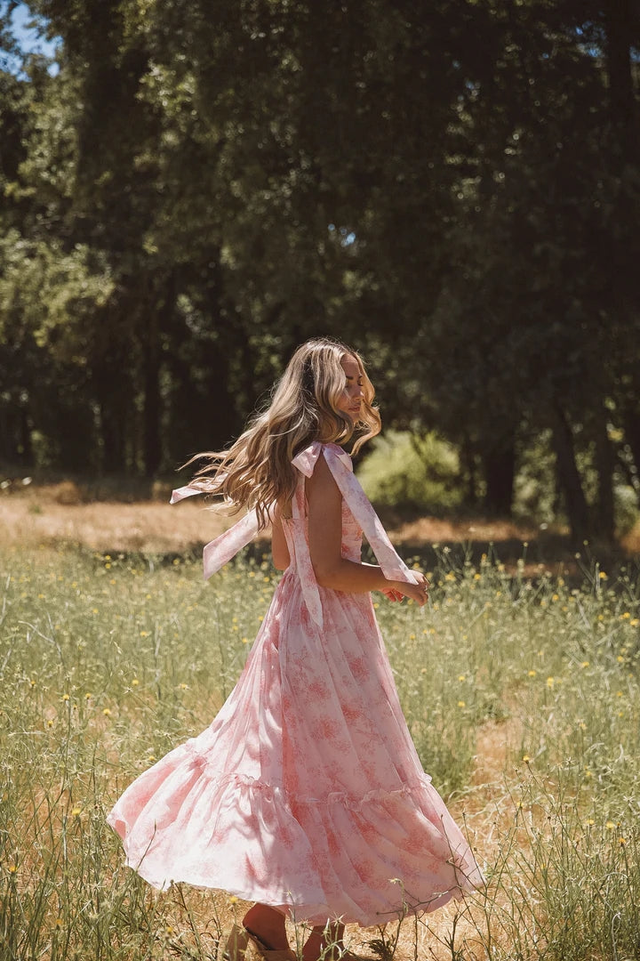 Pink Floral Shouder Tie Midi Dress