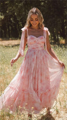 Pink Floral Shouder Tie Midi Dress
