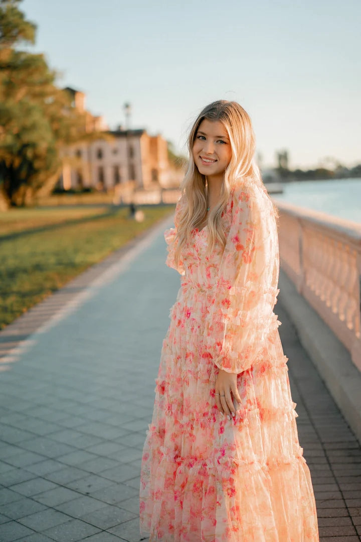 Pink Floral Long Sleeves Midi Dress